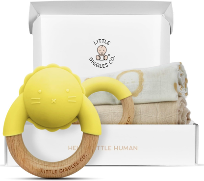 Little Giggles Co.® Conjunto de Brinquedos para Bebé – Inclui chocalho sensorial, anel de dentição calmante e panos grandes de musselina macia 100% algodão. Essenciais para recém-nascidos e ideia perfeita de presente para chá de bebé.