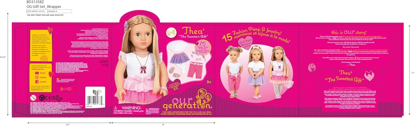 Our Generation - 46 cm - Boneca de moda com tema de laço - Thea - Cabelo loiro e olhos castanhos - 3 roupas e acessórios de estilo em caixa de oferta - Brincadeira de faz de conta - Brinquedos para crianças de 3 anos