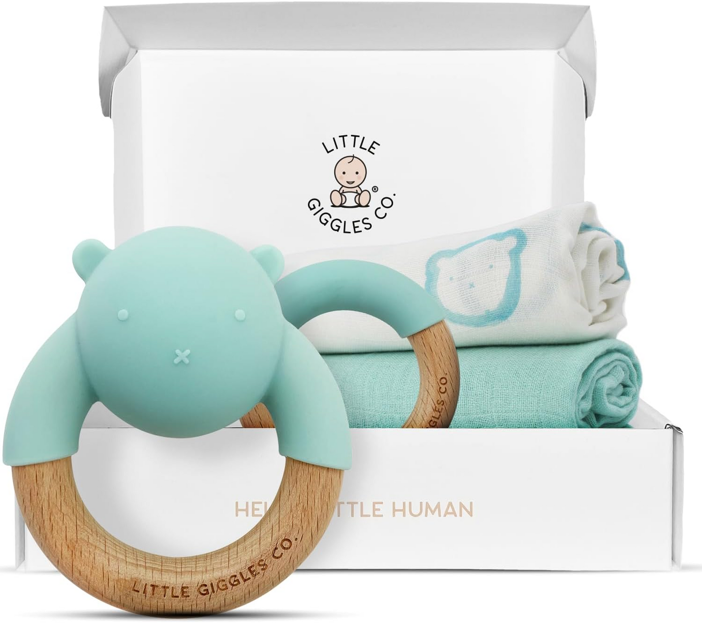 Little Giggles Co.® Conjunto de Brinquedos para Bebé – Inclui chocalho sensorial, anel de dentição calmante e panos grandes de musselina macia 100% algodão. Essenciais para recém-nascidos e ideia perfeita de presente para chá de bebé.