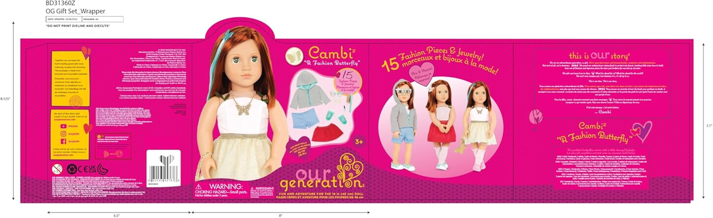 Our Generation – Boneca de 45 cm Butterfly Fashion Starter – Cabelo ruivo abaixo dos ombros e olhos verdes – 3 roupas e acessórios de estilo em caixa de oferta – Cambi
