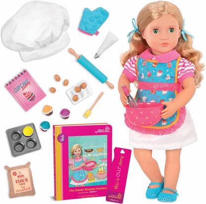 Our Generation Boneca Deluxe Emily com Livro de Histórias – Boneca organizadora de festas de 45 cm e livro de histórias para meninas e meninos, acessórios divertidos para festas, corpo macio e fofinho, para crianças a partir dos 3 anos