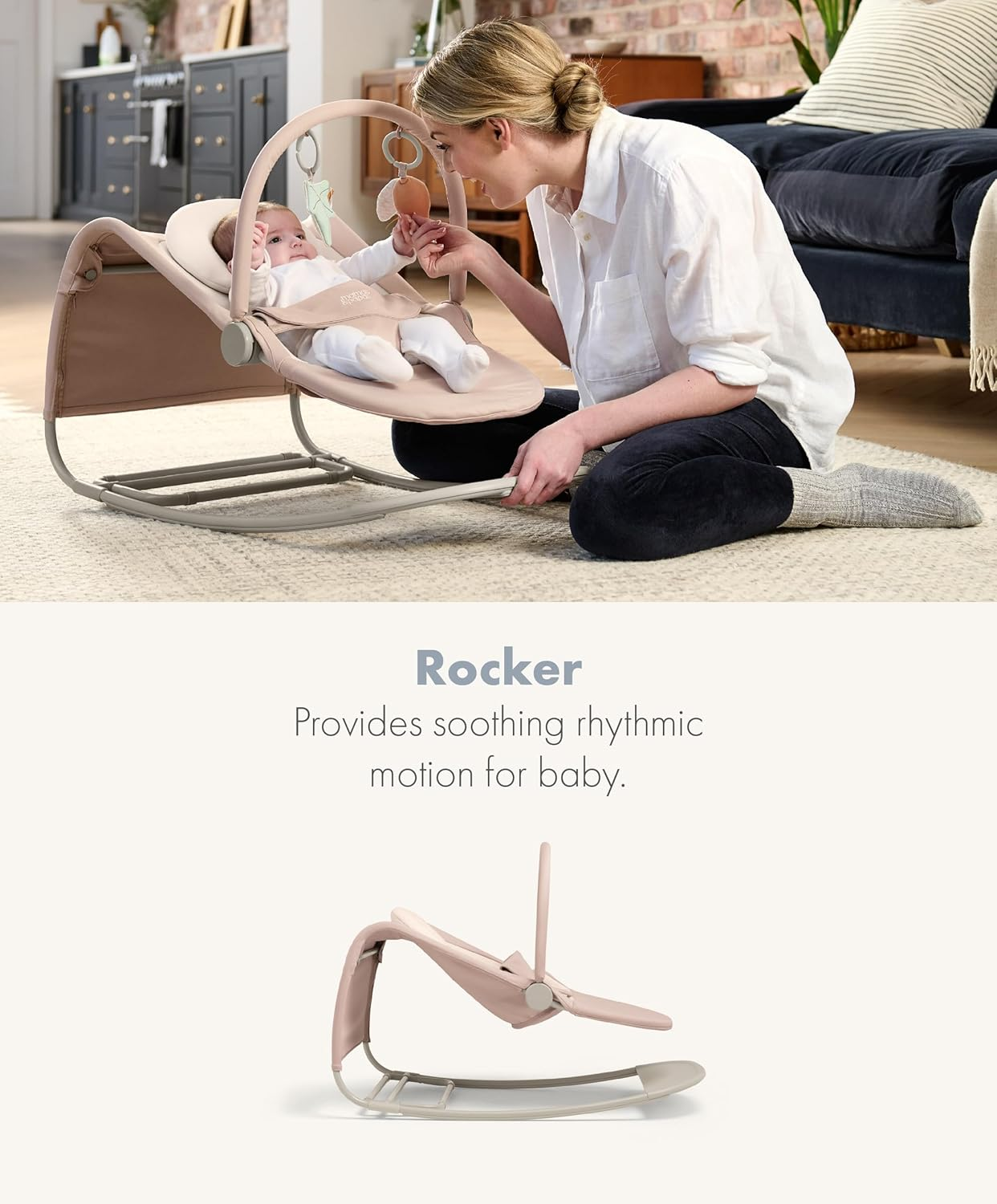 Mamas & Papas Tempo 3 em 1 Rocker/Bouncer, leve, com cinto de 3 pontos e barra de brinquedos magnética facilmente removível, Blush