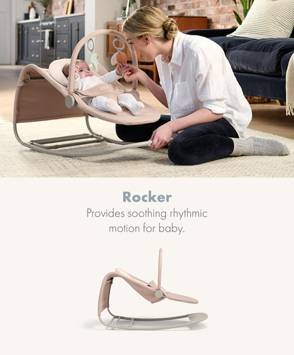 Mamas & Papas Tempo 3 em 1 Rocker/Bouncer, leve, com cinto de 3 pontos e barra de brinquedos magnética facilmente removível, Blush