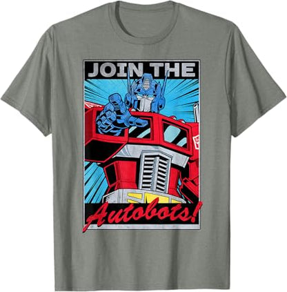 T-shirt com poster retro do Transformers Optimus Prime juntando-se aos Autobots