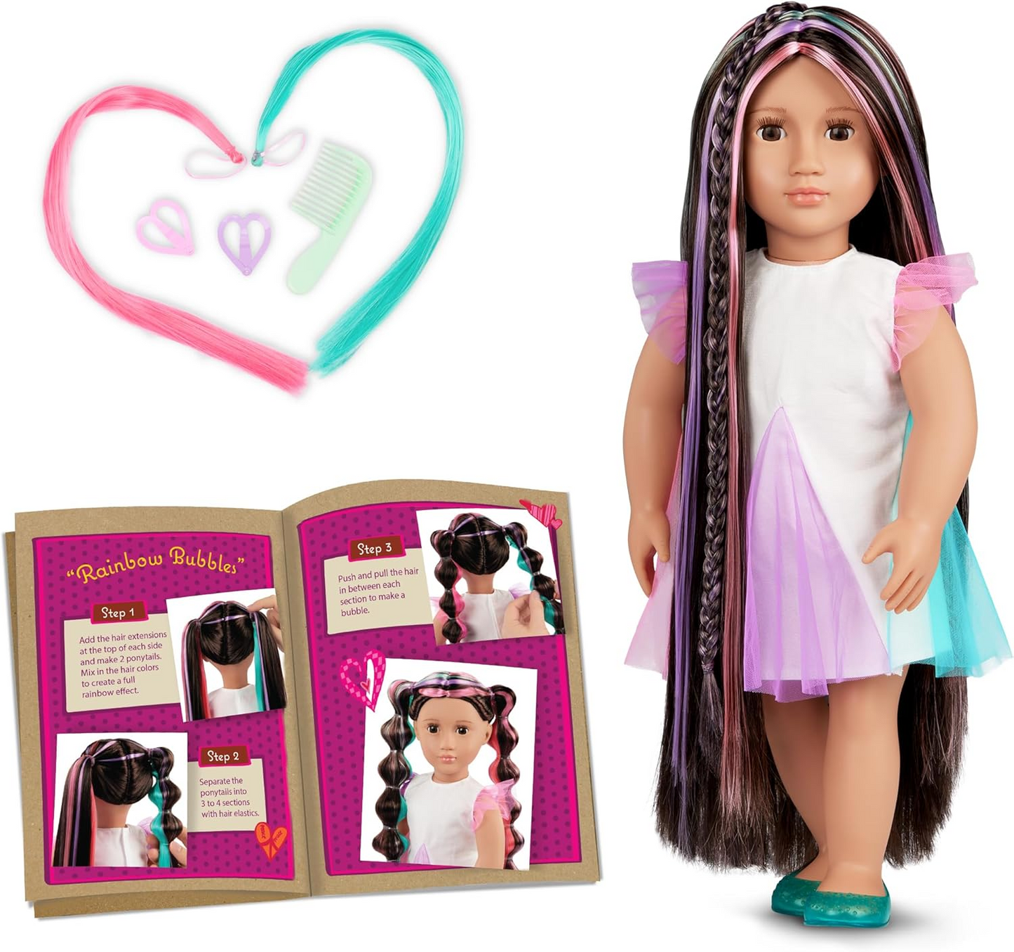 Boneca da moda Phoebe da Our Generation, atividade infantil, boneca de 46 cm com roupa completa e acessórios, incluindo extensões de cabelo e pente, brinquedos de brincadeira para crianças, perfeitos para aventuras de brincadeiras infantis