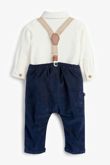 |BabyBoy| Natal Conjunto De Camisa De 4 Peças Para bebê Inteligente, Gravata Borboleta, Calças e Suspensórios - Navy/White (0 meses a 2 anos)