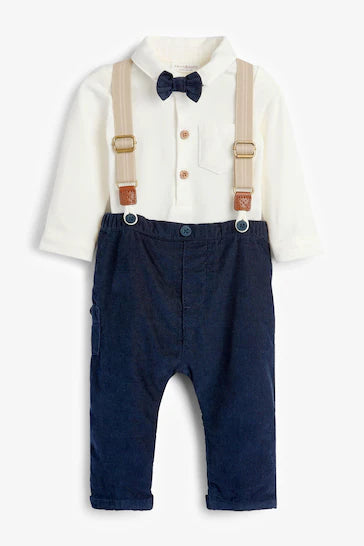 |BabyBoy| Natal Conjunto De Camisa De 4 Peças Para bebê Inteligente, Gravata Borboleta, Calças e Suspensórios - Navy/White (0 meses a 2 anos)
