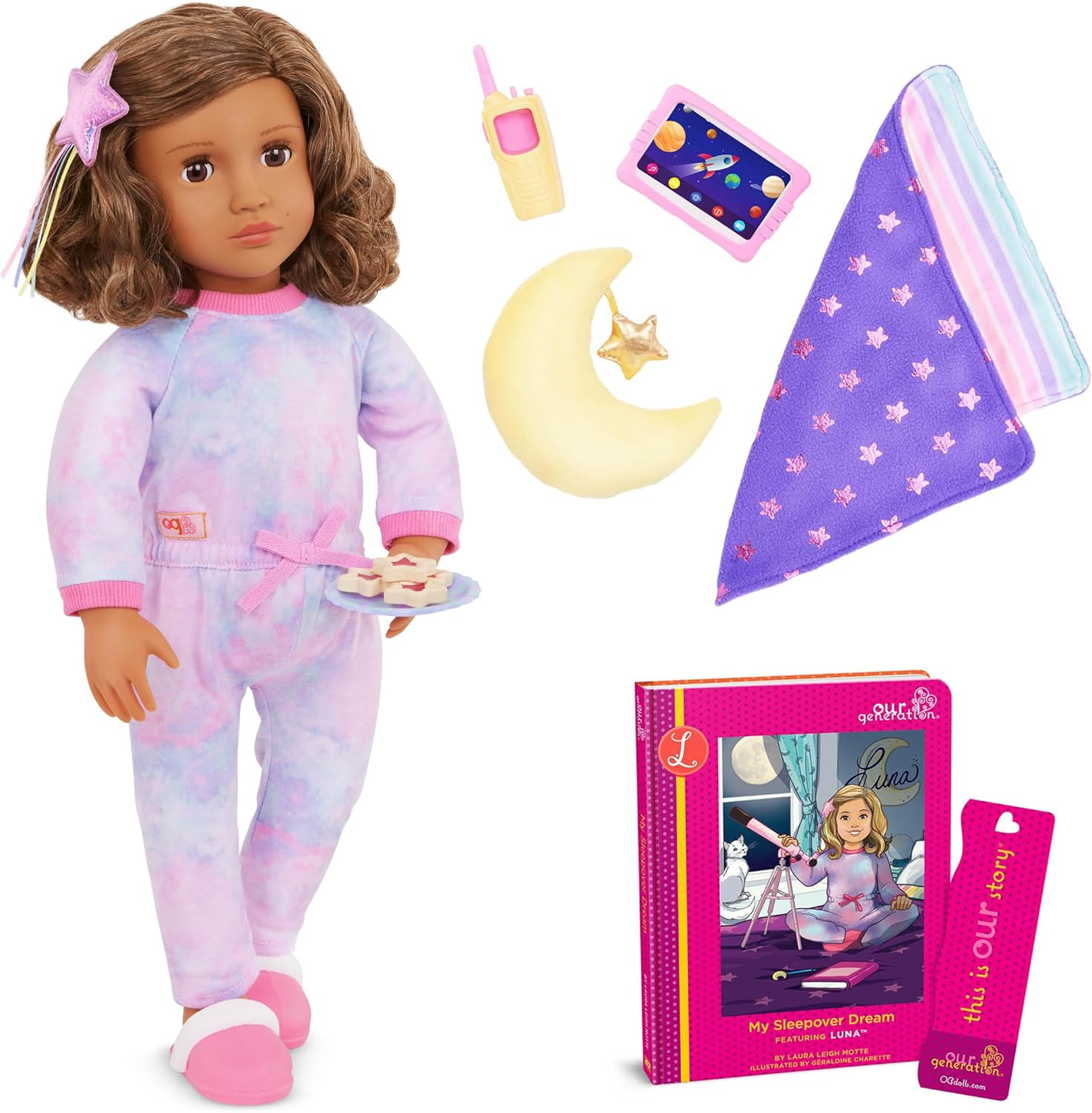 Our Generation Boneca Deluxe Emily com Livro de Histórias – Boneca organizadora de festas de 45 cm e livro de histórias para meninas e meninos, acessórios divertidos para festas, corpo macio e fofinho, para crianças a partir dos 3 anos