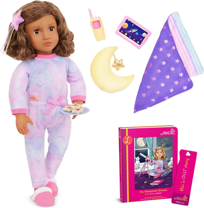 Our Generation Boneca Deluxe Emily com Livro de Histórias – Boneca organizadora de festas de 45 cm e livro de histórias para meninas e meninos, acessórios divertidos para festas, corpo macio e fofinho, para crianças a partir dos 3 anos