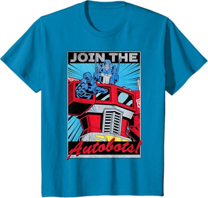 T-shirt com poster retro do Transformers Optimus Prime juntando-se aos Autobots