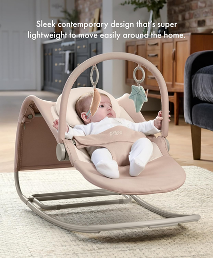 Mamas & Papas Tempo 3 em 1 Rocker/Bouncer, leve, com cinto de 3 pontos e barra de brinquedos magnética facilmente removível, Blush
