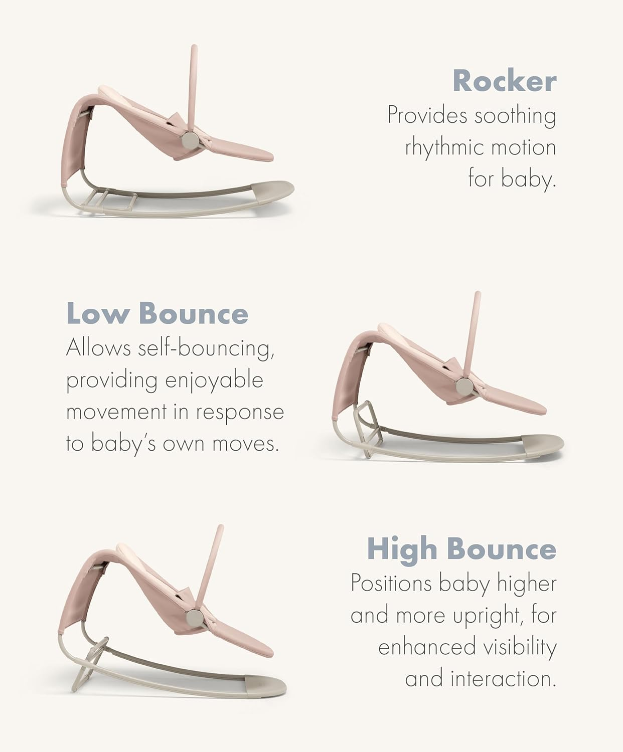 Mamas & Papas Tempo 3 em 1 Rocker/Bouncer, leve, com cinto de 3 pontos e barra de brinquedos magnética facilmente removível, Blush