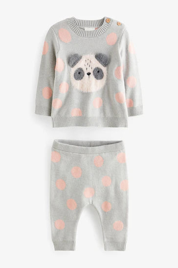 |BabyGirl| Conjunto De 2 Peças Para Bebê Em Malha - Grey/Pink Panda (0 meses a 2 anos)