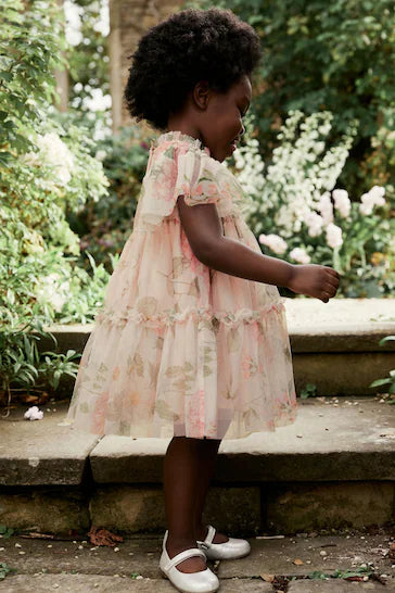 |Girl| Vestido De Malha Em Camadas - Cream Floral (3 meses a 7 anos)