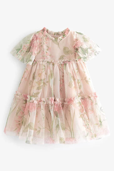 |Girl| Vestido De Malha Em Camadas - Cream Floral (3 meses a 7 anos)