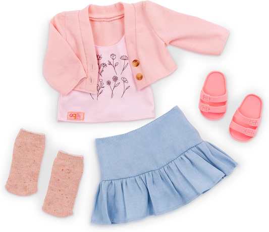 A Nossa Geração – Roupa de boneca de 45 cm – Conjunto de camisola rosa e saia azul – Blusa com estampado floral – Brincadeira de faz de conta – Brinquedos para crianças a partir dos 3 anos – Charme campestre