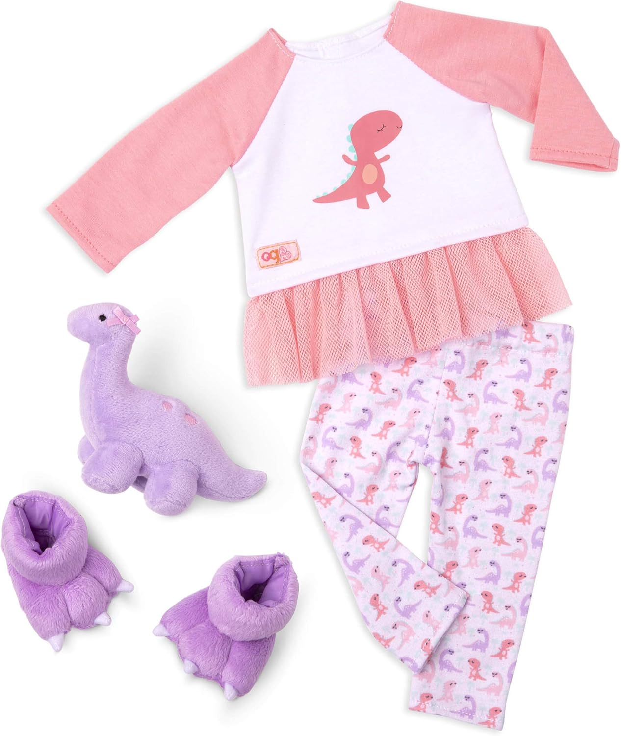 A Nossa Geração Sonhe Brilhante, Durma Bem - Conjunto de Pijama com Estampado Dinossauro Incluindo Brinquedo de Peluche Dino para Bonecas de 18 Polegadas - Conjunto de 4 Peças