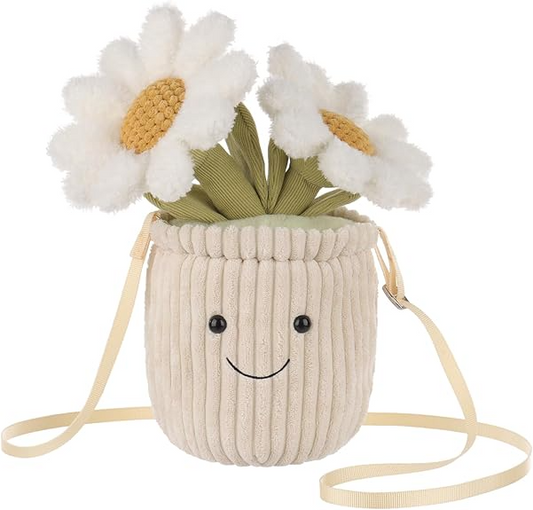 Bolsa de ombro com flor de margarida em vaso de cordeiro damasco, bolsa de pelúcia transversal para adultos e adolescentes, meninos e meninas, bolsa de ombro de bicho de pelúcia, bolsas de moda para crianças e adultos, 10,7 polegadas