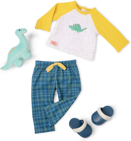 Fato Dino-Snores da Nossa Geração – Pijama com tema de dinossauro, incluindo peluche Dino para bonecas de 45 cm – Conjunto de 4 peças