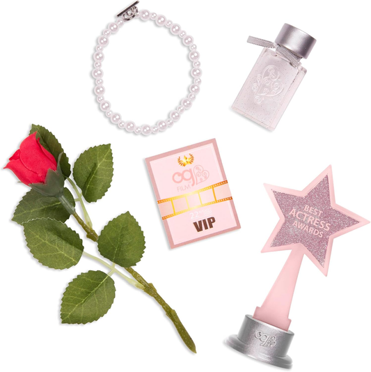 Conjunto pronto para o tapete vermelho da nossa geração – Acessórios para prémios de cinema glamorosos para bonecas de 45 cm – Conjunto de acessórios com tema de filme