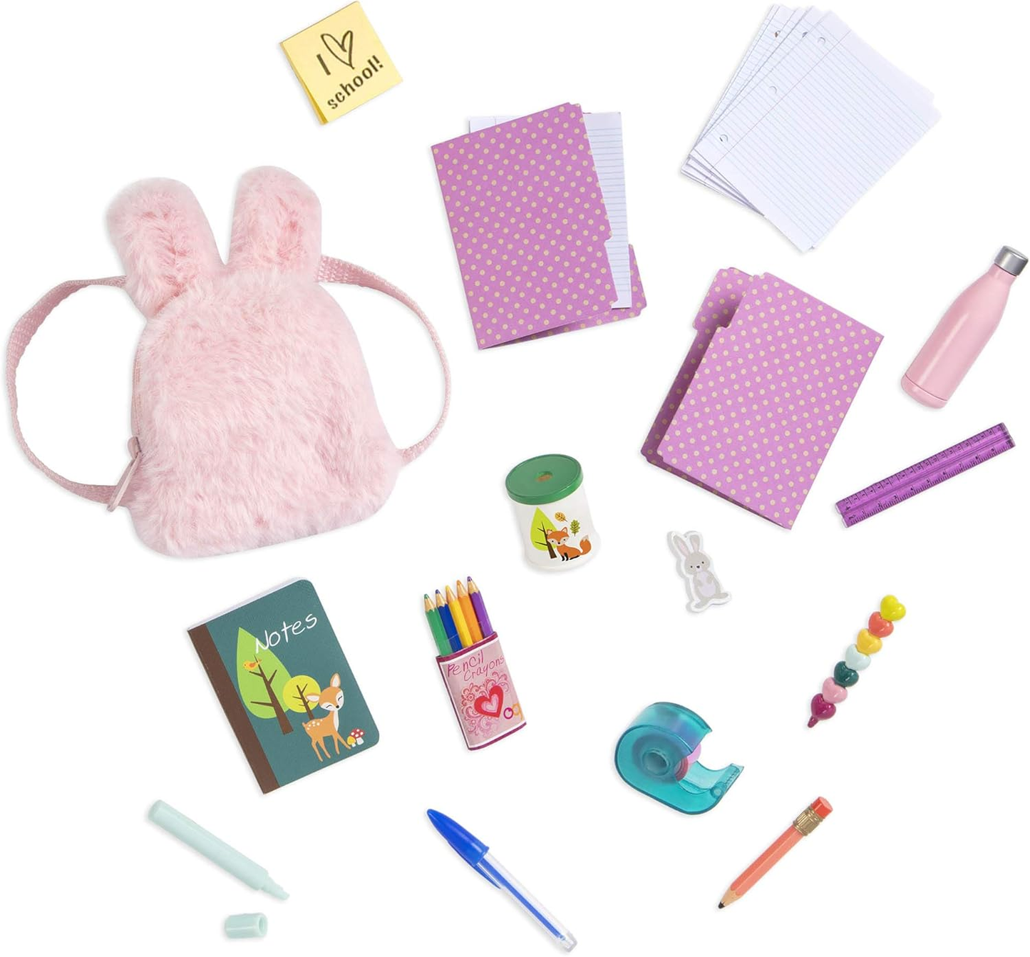 Conjunto de aprendizagem e brilho da nossa geração – Material escolar com mochila de orelha de coelho para bonecas de 45 cm – Conjunto de acessórios para sala de aula com 20 peças