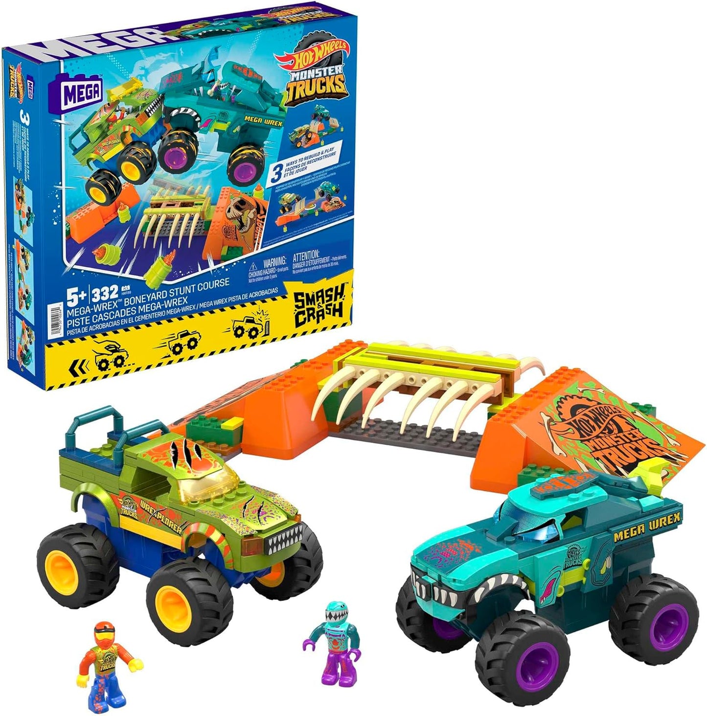 Mega Hot Wheels Monster Trucks Building Toy, Smash & Crash Wrex Boneyard Stunt Course com 332 peças, 2 figuras e 2 rampas, crianças de 5 anos ou mais, HKF89