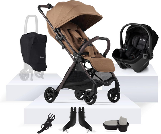 Silver Cross - Jet 5 Compact Travel System Ultimate Bundle - Carrinho de viagem, cadeira auto Dream i-Size, tabuleiro para snacks e suporte para telemóvel - Carrinho de passeio dobrável leve - Recém-nascido a 4 anos - Canela