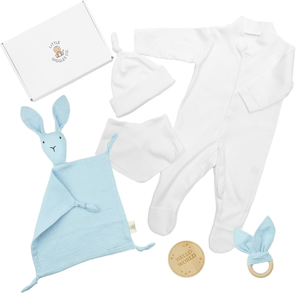 Presentes para recém-nascidos Little Giggles Co.® - Caixa de oferta com 6 peças, edredão de musselina de coelho e brinquedo sensorial, macacão de algodão, chapéu e babete, Olá, mundo, artigos essenciais para bebés recém-nascidos