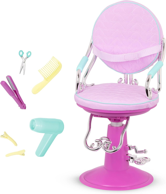 Our Generation – Conjunto de cadeira de salão ajustável – Secador de cabelo e ferramentas de modelação – Acessórios para bonecas de 45 cm – Brincadeira de faz de conta – Brinquedos para crianças a partir dos 3 anos – Cadeira de salão bonita e sentada