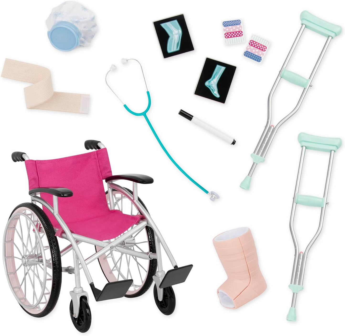 Conjunto Our Generation Heals on Wheels – Kit de cadeira de rodas e acessórios médicos para bonecas de 45 cm – Conjunto de 11 peças com tema médico