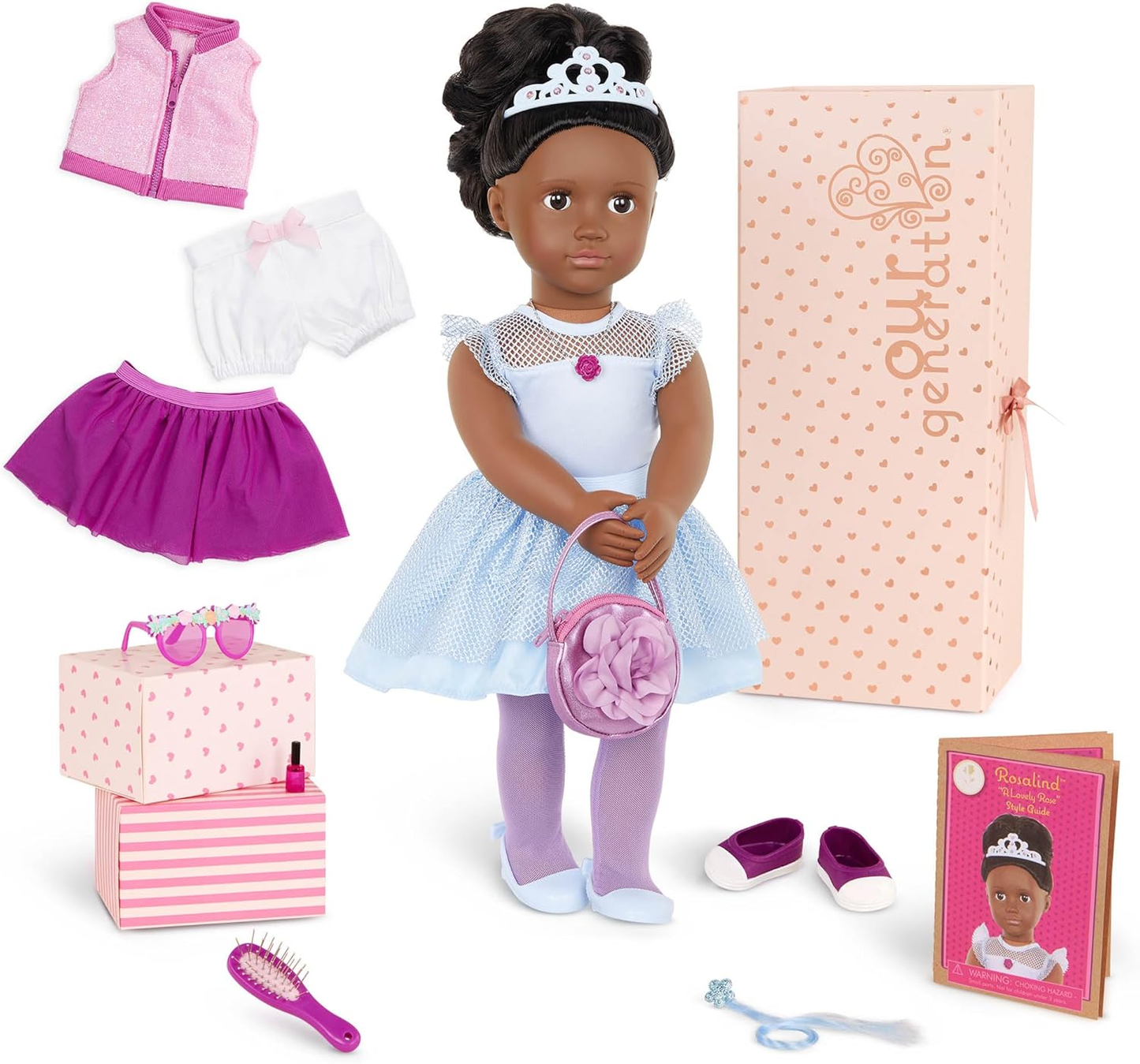 A Nossa Geração - Boneca Floral para Iniciantes de 46 cm - Rosalind - Cabelo e olhos castanhos escuros - 3 roupas e acessórios de estilo em caixa de oferta - Brincadeira de faz de conta - Brinquedos para crianças a partir dos 3 anos