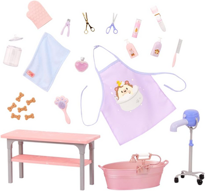 Kit de higiene para animais de estimação Our Generation para bonecas de 46 cm - com mesa de higiene, tabuleiro de lavagem e acessórios - Conjunto de higiene para animais de estimação Scrub & Style