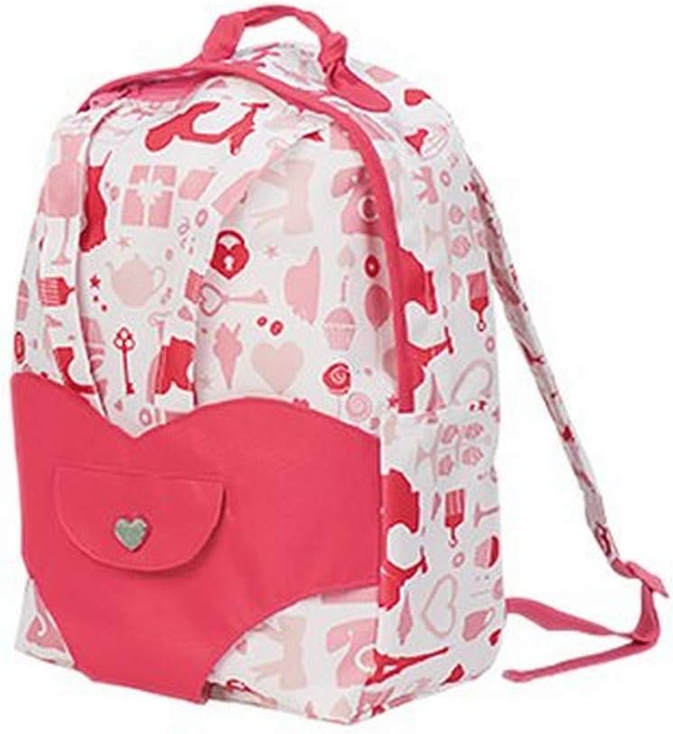 Mochila Hop On Carrier com estampado de festa Our Generation – Mochila infantil rosa com cinto de segurança frontal em forma de coração para bonecas de 45 cm – Mochila infantil funcional e fácil de limpar
