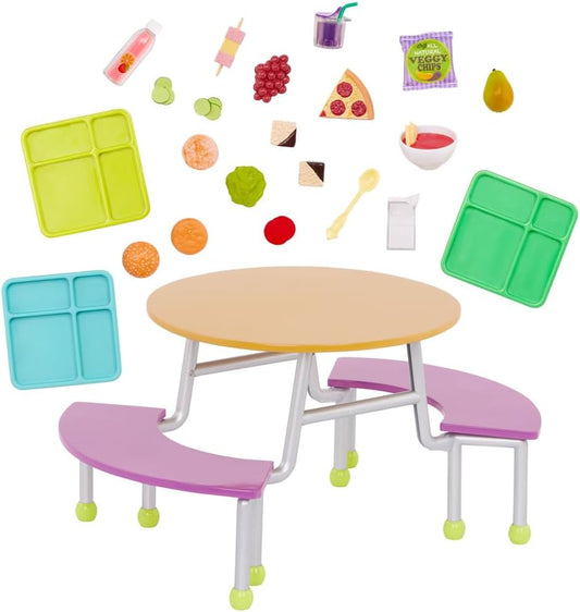 A Nossa Geração - Conjunto de Mesa de Cafetaria para Bonecas de 46 cm - Móveis para Bonecas - Com Mais de 20 Alimentos e Acessórios de Brinquedo - Perfeito para Cenas Escolares e Brincadeiras Criativas - Mesa de Cafetaria