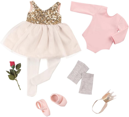 Fato de abertura da nossa geração – Fato de bailarina de luxo com fita para a cabeça e coroa para bonecas de 45 cm – Conjunto de 7 peças de roupa e acessórios de ballet