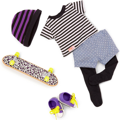 A nossa geração, é assim que eu rolo, roupa – roupa de skater com skate de leopardo para bonecas de 45 cm – conjunto de 6 peças de roupa e acessórios para skate