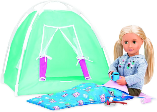 Conjunto de campismo Our Generation Happy Camper para bonecas de 18" - Brinquedo de aventura ao ar livre com tenda, saco-cama, acessórios para fogueira, pau de marshmallow, salsicha, prato de campismo e caneca - (boneca vendida em separado)