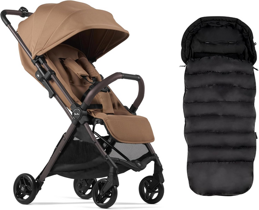 Silver Cross - Jet 5 Compact Carrinho de passeio - Saco para pés - Carrinho de viagem - Carrinho de passeio/sistema de viagem dobrável e leve - Tamanho de cabine - Compatível com cadeira auto - Recém-nascido a 4 anos - Canela