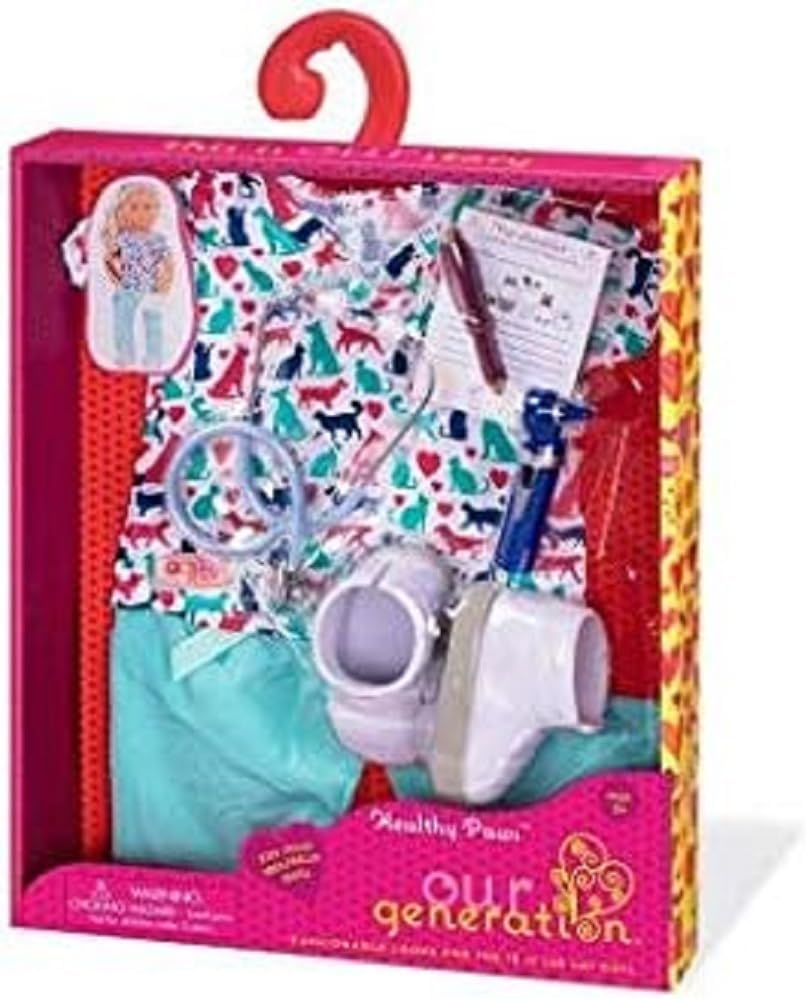 Fato de veterinário Healthy Paws da Our Generation para bonecas de 18", conjunto de 7 peças com estetoscópio, otoscópio com luz, uniforme com estampa de animais e acessórios divertidos, ideal para crianças a partir de 3 anos brincarem de cuidar dos pets.
