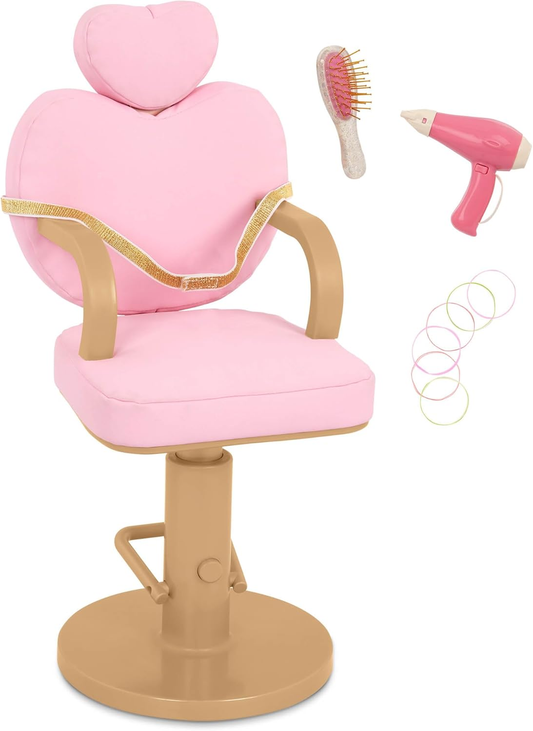 Our Generation Conjunto de Cadeiras de Salão Sweet Styles : acessórios de cabeleireiro para bonecas de 45 cm. Inclui cadeira ajustável, sons realistas e itens de penteado. Ideal para brincadeiras criativas de salão. Para crianças a partir de 3 anos.