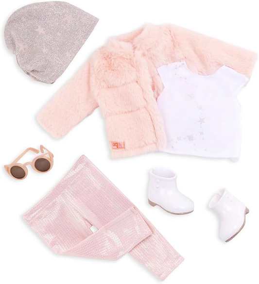 A Nossa Geração – Fato com Casaco de Pele Sintética Rosa – Acessórios de Moda – Roupa para Bonecas de 18 Polegadas – Brincadeiras de Faz de Conta – Brinquedos para Crianças a Partir dos 3 Anos – Elegante e Peludo