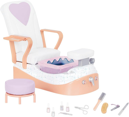 Our Generation Conjunto de Cadeiras de Salão Sweet Styles : acessórios de cabeleireiro para bonecas de 45 cm. Inclui cadeira ajustável, sons realistas e itens de penteado. Ideal para brincadeiras criativas de salão. Para crianças a partir de 3 anos.