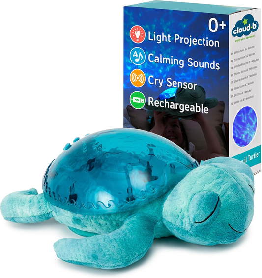 Cloud b Tranquil Turtle Aqua - Máquina de ruído branco para bebés, luz noturna para bebés e máquina de ruído branco portátil - ondas calmantes do oceano e melodias subaquáticas, sensor de choro, recarregável, ecológico