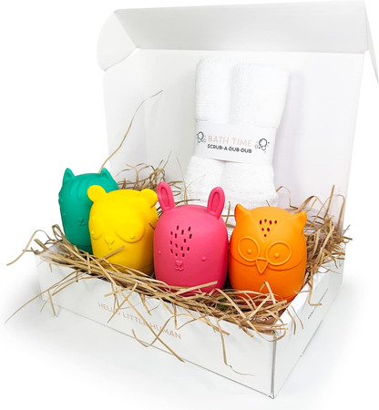 Conjunto de brinquedos para banho Little Giggles Co. - Personagem animal, fácil de limpar, brinquedos esguichadores de banho feitos de silicone fácil de apertar (conjunto de esguichadores de banho)