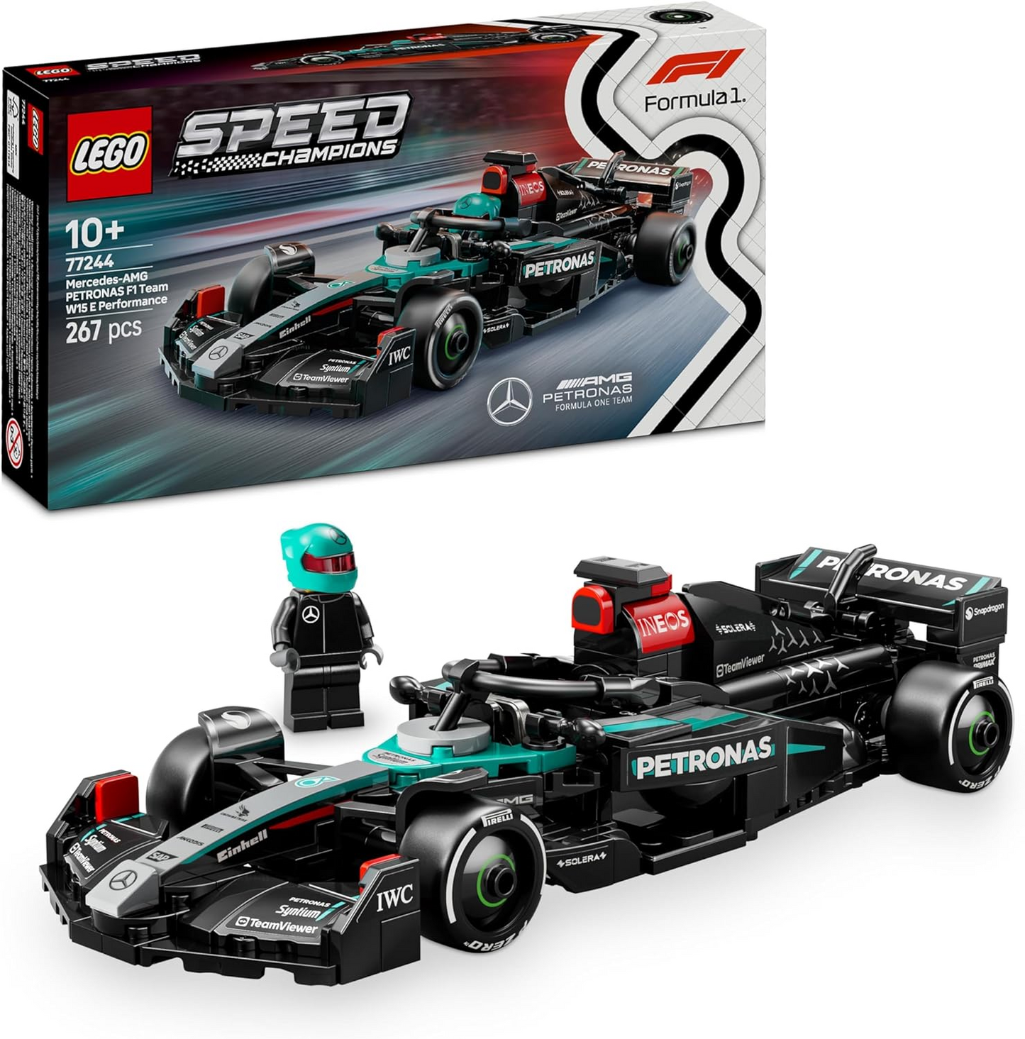 LEGO Speed Champions Mercedes-AMG F1 W15 Race Car Toy com uma minifigura colecionável de piloto de Fórmula 1 - Kits de modelos para meninos e meninas de 10 anos ou fãs adultos de automobilismo 77244