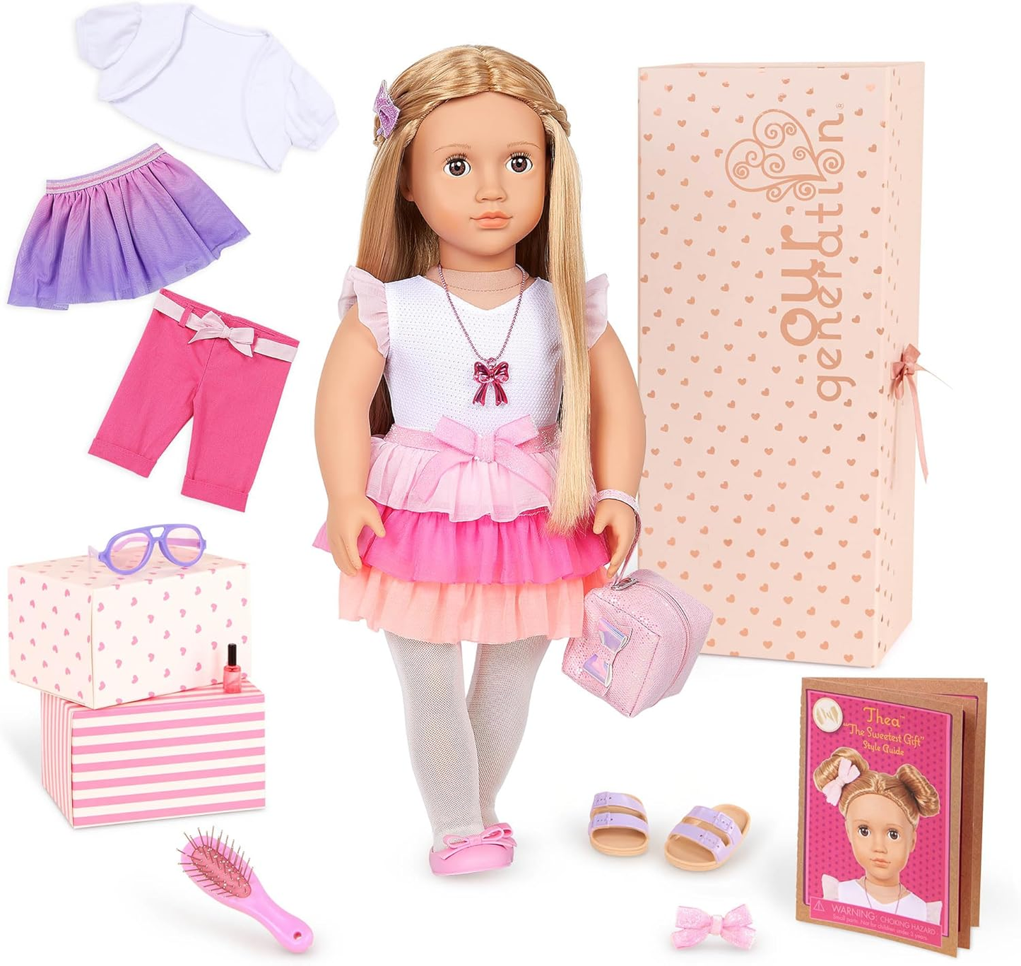 Our Generation - 46 cm - Boneca de moda com tema de laço - Thea - Cabelo loiro e olhos castanhos - 3 roupas e acessórios de estilo em caixa de oferta - Brincadeira de faz de conta - Brinquedos para crianças de 3 anos
