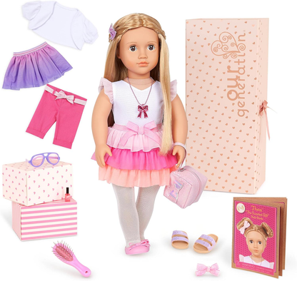 Our Generation - 46 cm - Boneca de moda com tema de laço - Thea - Cabelo loiro e olhos castanhos - 3 roupas e acessórios de estilo em caixa de oferta - Brincadeira de faz de conta - Brinquedos para crianças de 3 anos