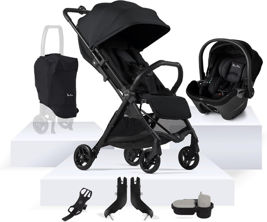Silver Cross - Jet 5 Compact Travel System Ultimate Bundle - Carrinho de viagem, cadeira auto Dream i-size, tabuleiro para snacks e suporte para telefone - Carrinho de bebé dobrável leve - Tamanho da cabine - Recém-nascido a 4 anos - Espaço