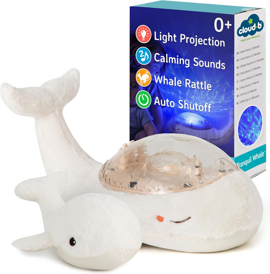 Cloud b Tranquil Whale White - Confortável projetor de luz de baleia com sons suaves | Luz de presença infantil, máquina de ruído branco, bebé | Ajustável, desligar automático em 23 min, inclui chocalho para bebé | LEDs de longa duração