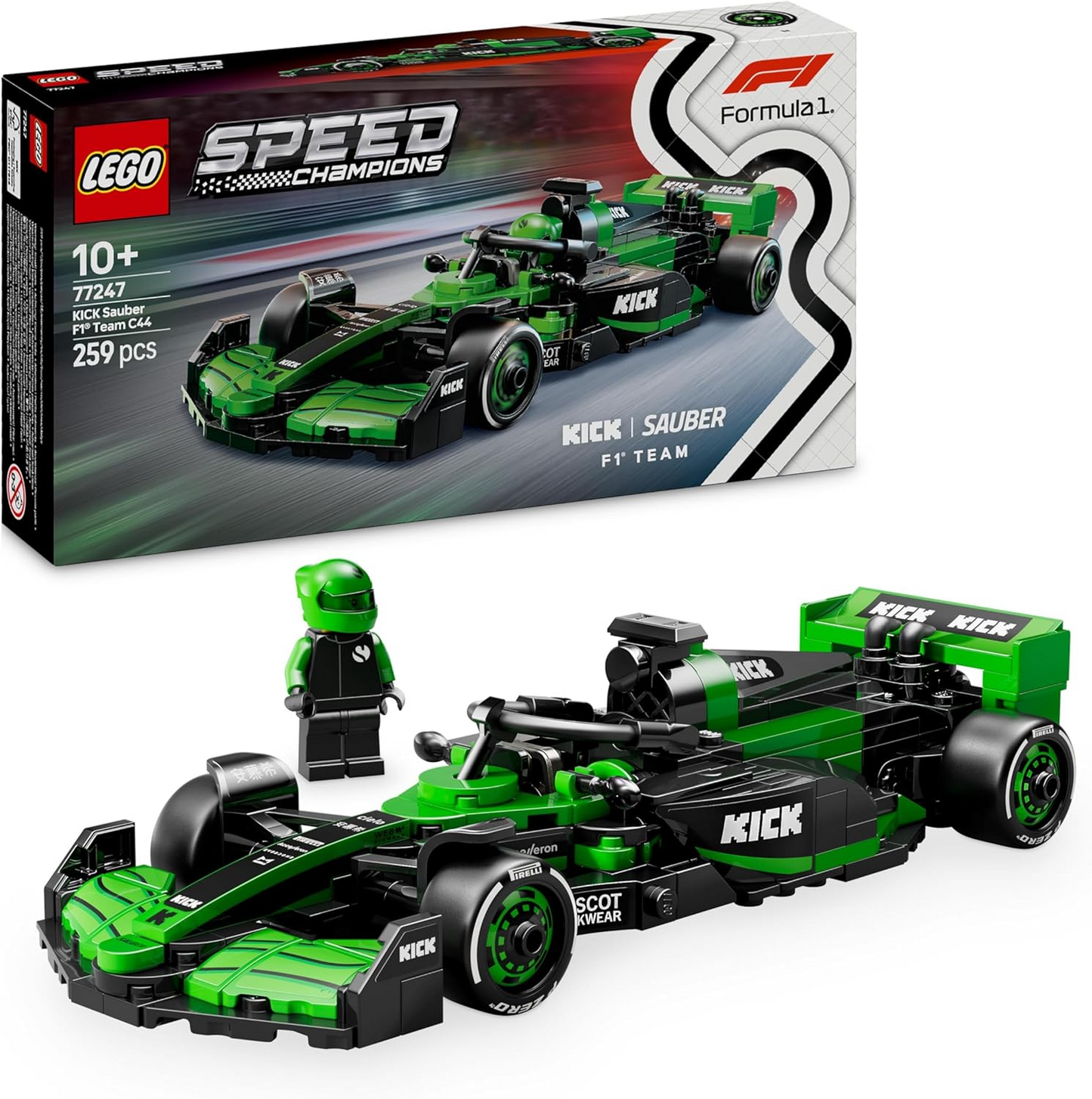 LEGO 77247 Speed Champions KICK Sauber F1 Team C44 Race Car Toy com uma minifigura colecionável de piloto de Fórmula 1 - Kits de modelos para meninos e meninas de 10 anos ou fãs adultos de automobilismo